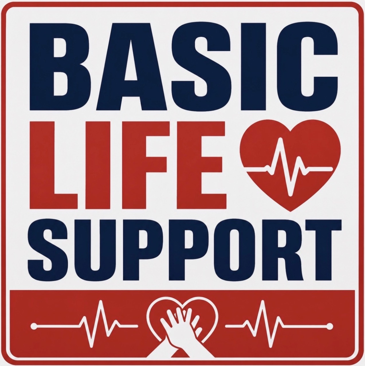Basic Life Support class graphic for Pulse CPR in Edmond, Oklahoma — navy and red BASIC LIFE SUPPORT badge with CPR hands and heartbeat.