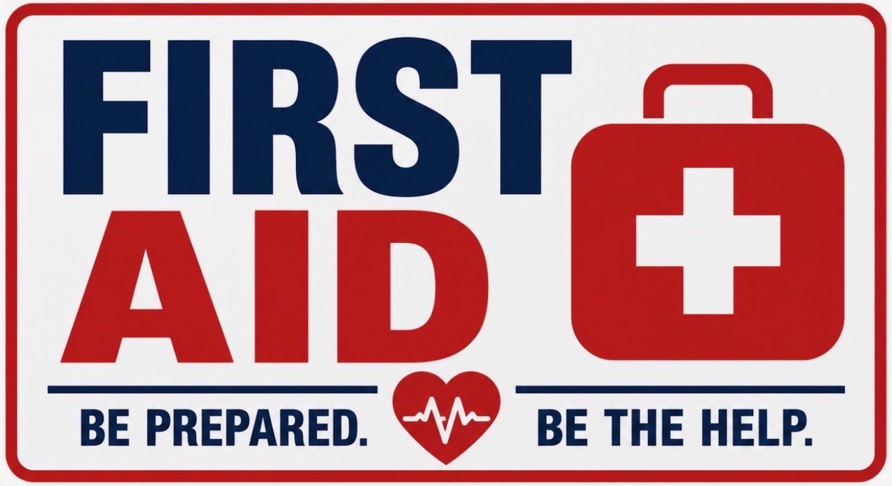 First Aid class graphic for Pulse CPR in Edmond, Oklahoma — FIRST AID kit. Be Prepared. Be the Help.